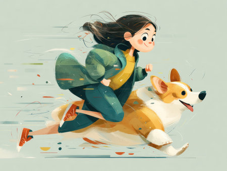 An illustration depicts a young woman running alongside a corgi dog. The composition features a dynamic pose with the subjects in motion. The style utilizes soft colors and artistic textures. This visual is suitable for various applications, including advertising and editorial use, highlighting themes of companionship and activity.の素材