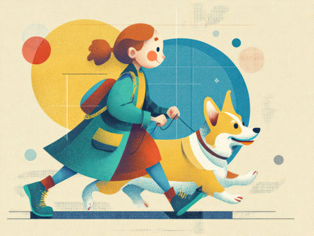 An illustration depicts a woman walking a dog. The artwork features vibrant colors and a clean style. The composition focuses on a central subject and action, with an appealing use of color and form, suitable for various applications. It might be suitable for editorial and commercial purposes.の素材