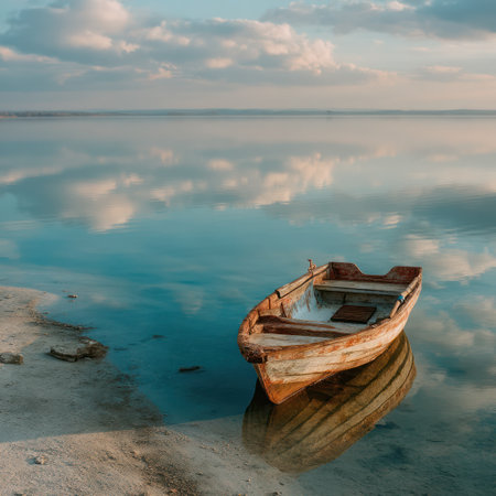 A wooden boat rests in tranquil water, reflecting the soft hues of the sky above. The scene features a smooth, expansive body of water, with hints of sandy shore. The composition emphasizes the natural environment, suggesting a sense of calm and serenity. This image could be used for various commercial or editorial applications.の素材