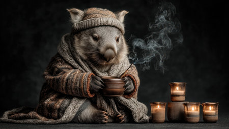 A wombat is depicted indoors, wearing a cozy hat and sweater, holding a mug. The image displays a soft, warm color palette, with ambient candlelight adding gentle illumination. The composition evokes feelings of comfort and relaxation suitable for editorial or commercial applications. The wombat is centered with some copy space around it.の素材