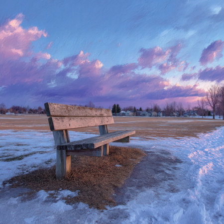 A weathered wooden bench sits in a snowy landscape, bathed in the soft hues of sunset. The composition features a vibrant sky with pink and purple clouds. The scene suggests a tranquil outdoor setting during twilight. Suitable for various editorial and commercial applications.の素材