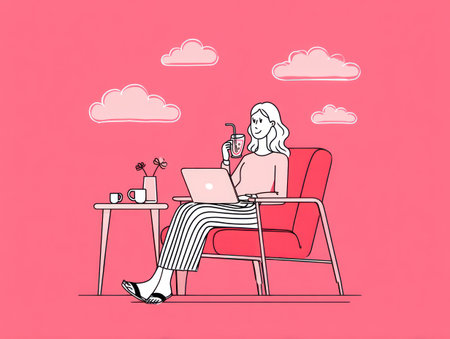 An illustration depicts a woman using a laptop while sitting in a chair, with a drink in her hand. The image features a minimalist style with a limited color palette of pink, white, and black. This artwork could be used for various purposes, including website design, marketing materials, and editorial content.の素材