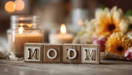 The image showcases wooden blocks that spell the word MOM, arranged on a wooden surface. Soft lighting illuminates the scene, enhancing the warm colors and textures of the blocks, candles, and flowers. The composition suggests a celebratory or sentimental theme, suitable for various editorial and commercial projects.の素材