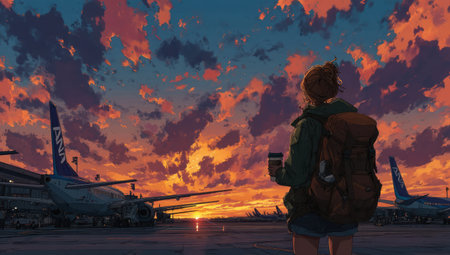 A woman stands at an airport, gazing at a vibrant sunset. The composition highlights the warm hues of the sky and the silhouettes of aircraft. The artwork uses stylized rendering and soft lighting. This image could be suitable for travel, leisure, or conceptual design projects.の素材
