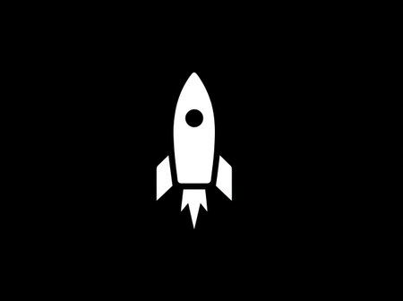 A minimalist white rocket icon is depicted against a stark black backdrop. The graphic features a simple, clean design with bold lines, suggesting motion and flight. This image would be suitable for various uses, including designs related to science, technology, or business.の素材