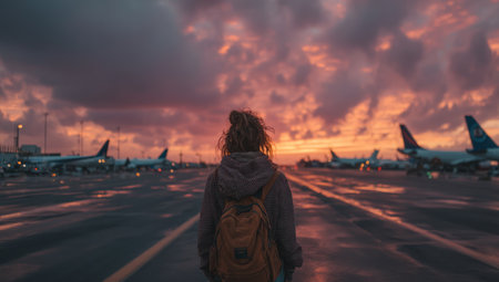 A woman with a backpack walks on an airport runway with airplanes. The image displays a dramatic sky with orange and purple hues. The composition suggests travel and freedom, ideal for commercial or editorial usage related to journeys and adventures. The scene is outdoors with moody lighting.の素材