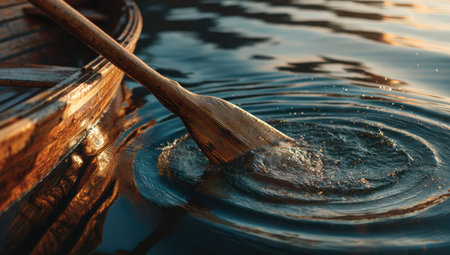 An oar dips into water creating ripples that expand outward. The wooden boat reflects sunlight. The scene showcases a close-up perspective, highlighting the textures of wood and water. Suitable for illustrating travel, leisure, or environmental themes, and available for diverse commercial and editorial purposes.の素材