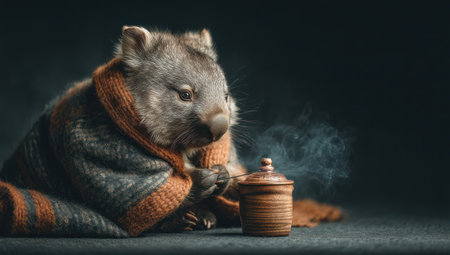 A wombat, adorned in a cozy scarf, is shown beside a wooden container, possibly holding something. The scene features a dark background, contrasting with the wombat's fur and accessories. The image's composition and lighting suggest commercial applications, perfect for various creative projects.の素材