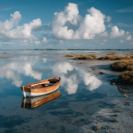 A small wooden boat rests on a tranquil body of water, with a beautiful reflection mirroring the boat and the sky. Fluffy white clouds dominate the sky, while the water's surface reflects the sky. The image offers a sense of peace and natural beauty, potentially suitable for travel or nature-themed projects.の素材