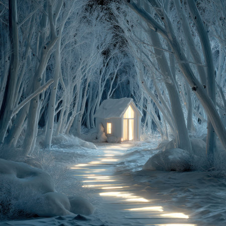 An inviting scene depicts a small cottage emanating warm light within a forest. Covered in snow, the trees create a tunnel effect guiding the eye towards the building. The image showcases cool blue tones contrasted by the cottage's golden glow. Suitable for various creative projects, including editorial features.の素材