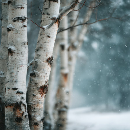 The image features several birch trees in a winter environment. Their white bark contrasts with a blurred background of snow and a soft, diffused light. The composition suggests an outdoor setting, potentially a forest. It could be suitable for various commercial uses, including illustrations and backgrounds.の素材