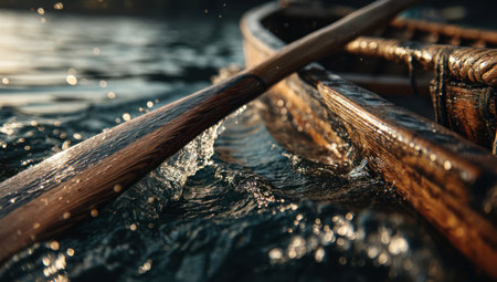 A close-up view depicts a wooden boat with oars propelling through water, creating splashes and ripples. The image showcases the texture of wood and the dynamic interaction with water. Strong overhead lighting illuminates the scene, suggesting an outdoor environment. Suitable for editorial and commercial applications.の素材