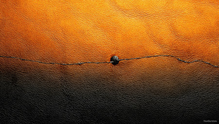 This image presents a close-up of textured leather, showcasing gradients of yellow, orange, and black. A prominent crack and a small dark element are visible. The lighting suggests an overhead source, casting subtle shadows across the surface. This photo could be suitable for various commercial or design applications.の素材