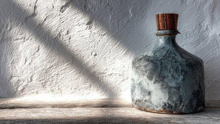 An antique-looking ceramic bottle with a wooden stopper sits on a wooden surface against a textured white wall. The bottle displays shades of gray and blue. The composition is lit by natural light casting shadows. This image is suitable for various commercial uses, including artistic and design projects.の素材