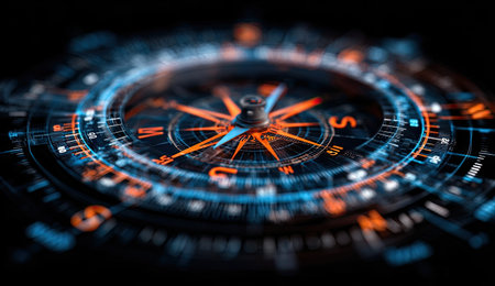 This image showcases a digitally rendered compass with bright orange and blue glowing elements. The circular composition, featuring intricate details, is set against a dark background creating a high-tech or futuristic look. The illustration's design may be suitable for a variety of commercial and editorial purposes.の素材