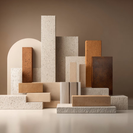 An artistic arrangement features diverse architectural blocks in varying sizes and hues. The composition showcases blocks in shades of beige, brown, and tan, with varying textures. The studio lighting enhances the subtle differences in tone. Suitable for design, decorative, or artistic projects, with versatile potential.の素材