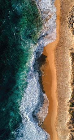 An overhead view reveals ocean waves meeting a sandy coastline. Turquoise and deep blue waters create a dynamic contrast with the golden sand. The composition features a naturalistic style with soft lighting. Suitable for use in various commercial and editorial applications to represent coastal environments.の素材