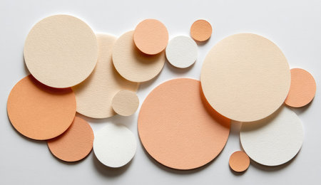 An abstract composition features numerous overlapping circular shapes. The circles display varying sizes and shades of pastel colors, including peach, beige, and white, set against a clean white background. This image showcases a modern, minimalist design, suitable for various graphic design projects and could be used for advertising or decorative purposes.の素材