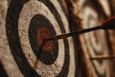 An arrow pierces the center of a target, indicating a successful outcome. The image presents a close-up view of concentric circles in shades of brown and black. The textured surface and shallow depth of field create a tactile effect, with natural lighting. This visual is suitable for commercial uses involving business, achievement, and strategy.の素材