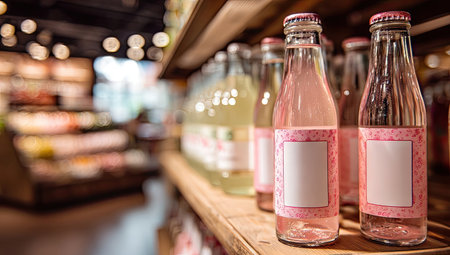 This image showcases a selection of glass bottles filled with clear and pink liquids, neatly arranged on wooden shelves. The composition emphasizes the bottles, highlighting their shapes and the translucent contents. The background suggests a commercial environment with soft lighting, implying a food and beverage retail context for diverse applications.の素材