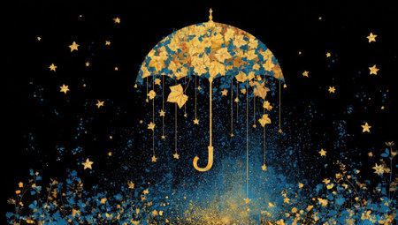 An artistic illustration presents a golden umbrella adorned with star-shaped decorations against a dark backdrop. The composition features falling star elements and a subtle dusting of blue and gold. Ideal for artistic endeavors, the imagery is suited for various creative projects and potential commercial applications.の素材