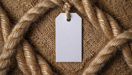 A white rectangular tag hangs centered on a rough textured, tightly coiled rope arranged on a textured, brown surface. The composition is lit with soft, natural light, highlighting the neutral tones. Suitable for various marketing purposes, the tag provides copy space for product showcasing or brand messaging.の素材