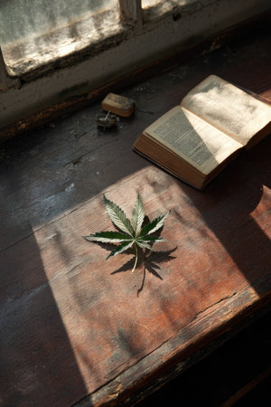 A cannabis leaf rests on a wooden surface with an open book and small objects nearby. The scene is bathed in sunlight streaming through a window. The image exhibits a natural color palette with textured surfaces. Suitable for various editorial and commercial applications.の素材