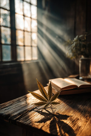 A close-up captures a cannabis leaf on a rustic wooden table, illuminated by beams of sunlight. The warm tones and contrasting shadows create a dramatic effect. An open book and a window are visible in the background, suggesting a natural interior setting. Suitable for various editorial and commercial applications.の素材