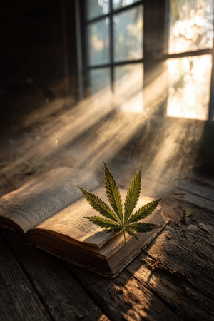An overhead view presents a cannabis leaf resting atop an open book with aged pages. The scene is bathed in golden sunlight filtering through a window, creating beams of light. The composition features a wooden surface and suggests an indoor setting with potential uses in editorial projects.の素材