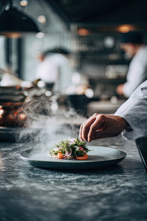A chef is meticulously plating a dish on a ceramic plate, with steam rising from the presentation. The scene features a shallow depth of field, showcasing the detail of the food. Overhead lighting illuminates the kitchen environment, suggesting a restaurant setting. This image may be suitable for culinary publications and commercial promotions.の素材