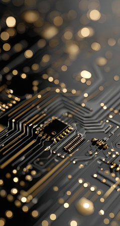 A detailed close-up shows a circuit board with intricate pathways and golden accents. The image displays a dark aesthetic with various electronic components. Bokeh effects add a sense of depth and visual interest. Suitable for technology, design, and conceptual projects.の素材