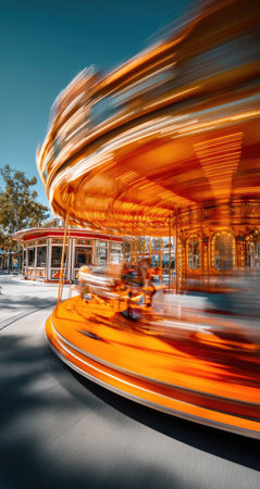A carousel spins in an amusement park. The image displays the blurred motion of the orange and gold structure against a clear, blue sky. The scene is illuminated by daylight. This dynamic visual could be suitable for promotional materials or editorial content related to entertainment or leisure activities.の素材