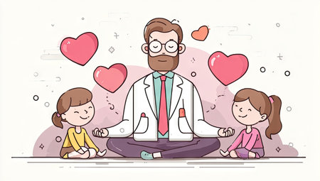An illustration depicts a doctor meditating with two children, surrounded by floating hearts. The cartoon-style artwork features soft colors and a clean aesthetic. The composition is centered, conveying a sense of harmony. This image could be used for educational materials, health-related content, or designs related to family and wellbeing.の素材