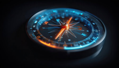 This image showcases a detailed view of a compass with illuminated elements. The compass features a circular design with orange and blue accents, set against a dark background. The lighting highlights the texture and details, suitable for various editorial and commercial projects.の素材