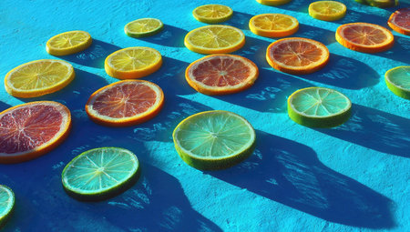 Various citrus fruits are displayed sliced on a blue surface, creating a pattern. The fruits include oranges, lemons, and limes. The composition uses overhead lighting. The visual is suitable for commercial uses, as a backdrop or in designs focused on freshness or food-related themes.の素材