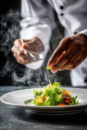 A chef is preparing a fresh salad, placing a green garnish with precision. The image showcases a close-up perspective of the dish, highlighting its colorful ingredients. Steam emanates from the plate, suggesting warmth. The composition is likely suitable for culinary-themed publications and advertising.の素材