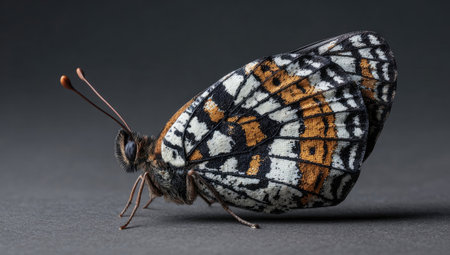 This close-up showcases a butterfly with intricate patterns on its wings. The image highlights a detailed view of its texture and coloration. The butterfly is positioned against a solid gray background, which focuses attention on the insect. The image could be used for various projects.の素材