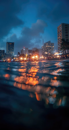 The image showcases a city skyline at dusk, with buildings illuminated against a darkening sky. The water in the foreground reflects the city lights, creating a blurred and artistic effect. The photograph uses a cool color palette and overhead lighting, suitable for a range of commercial and editorial purposes.の素材