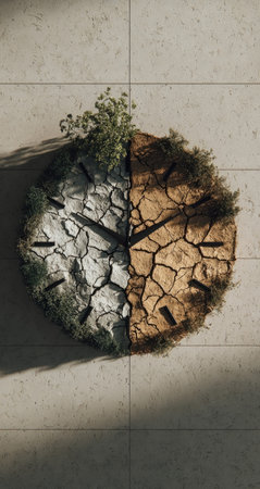 An overhead view reveals a clock face with cracked texture and growing plants. The composition uses contrasting colors, implying the passage of time. This image presents a visual metaphor suitable for various editorial and commercial applications. The neutral background and lighting enhance the subject's prominence.の素材