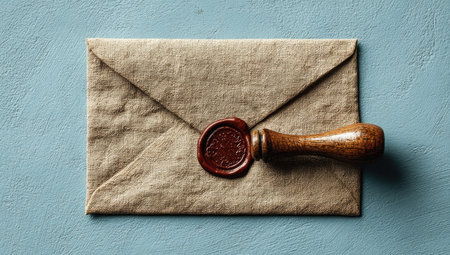 An overhead shot presents a tan envelope, sealed with red wax and a wooden handle. The composition showcases the envelope resting on a light blue surface. The lighting is soft and even, highlighting textures. Suitable for illustrating communication, mailing, and vintage themes. It can be utilized in various commercial or editorial projects.の素材