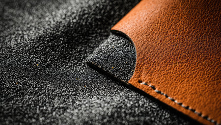 This image showcases a close-up of brown leather contrasting with a dark, textured surface. The composition highlights the material's rich color and fine details, suggesting a focus on craft and design. This could be useful for projects related to fashion, product presentations, or backgrounds in various commercial applications.の素材