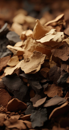 This image showcases a close-up view of weathered rock fragments. The composition highlights textures and tones ranging from light beige to dark brown and grey. Soft lighting illuminates the irregular shapes, suggesting an outdoor setting. Suitable for various design projects and visual content.の素材