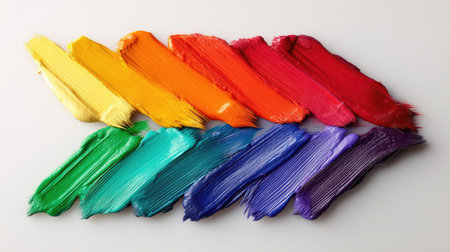 This image features a collection of colorful paint strokes arranged in an abstract composition. Various shades of red, orange, yellow, green, and blue are displayed. The brushstrokes, set against a white background, suggest a studio setting. This imagery can be used for artistic design, creative projects, or visual communication.の素材