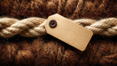 This image showcases a close-up view of intricately woven fabric in shades of brown and beige. A blank tag rests on the textured surface, hinting at potential commercial applications. The composition emphasizes the tactile quality of the textile, illuminated by soft lighting, suitable for various design projects.の素材