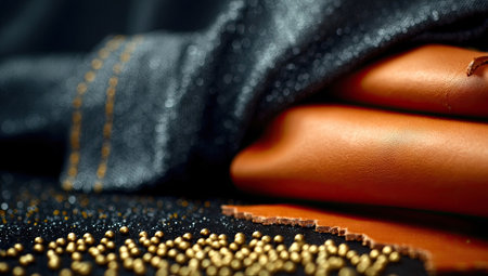 This image presents a close-up of textured materials. The composition includes layered leather and a section of fabric, possibly velvet. Warm brown tones of the leather contrast with a dark, possibly black, fabric. This image showcases rich textures and color contrast, suitable for various design projects and commercial applications.の素材
