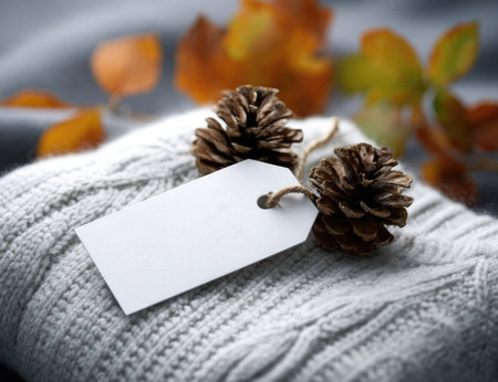 This image shows a close-up of two pine cones and a blank tag resting on a textured, knitted sweater. The composition features soft lighting and a shallow depth of field, with warm tones from the leaves. Suitable for concepts of autumn, craft, or design, this image offers copy space for various editorial or commercial uses.の素材