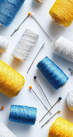 This image features a collection of colorful thread spools and pins set against a pristine white backdrop. The composition showcases a variety of textures and hues, including blue, yellow, and white. The arrangement of the objects offers a visually appealing design suitable for various applications, including design projects and illustrative purposes.の素材