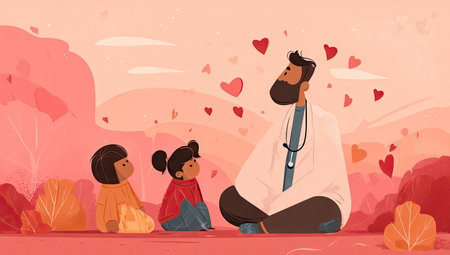 An illustration depicts a doctor seated, seemingly interacting with two children. The color palette emphasizes warm tones, with red and pink hues dominating the scene. The composition presents a gentle, cartoonish style. This image could be suitable for health, wellness, or educational materials.の素材