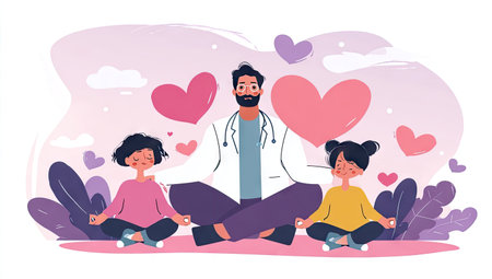 An illustration depicts a doctor meditating with two children amidst floating hearts. The composition features soft colors, smooth lines, and a minimalist style. The scene suggests a calm, caring environment. This image could be used for healthcare promotion, educational materials, or wellness-related projects.の素材