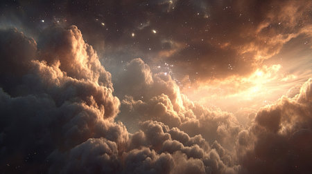 This image presents a celestial cloudscape dominated by voluminous formations. The composition uses warm and cool tones, with golden light bursting through breaks in the clouds. The style is painterly, suggesting an expansive environment. It is suitable for conceptual designs and editorial illustrations.の素材